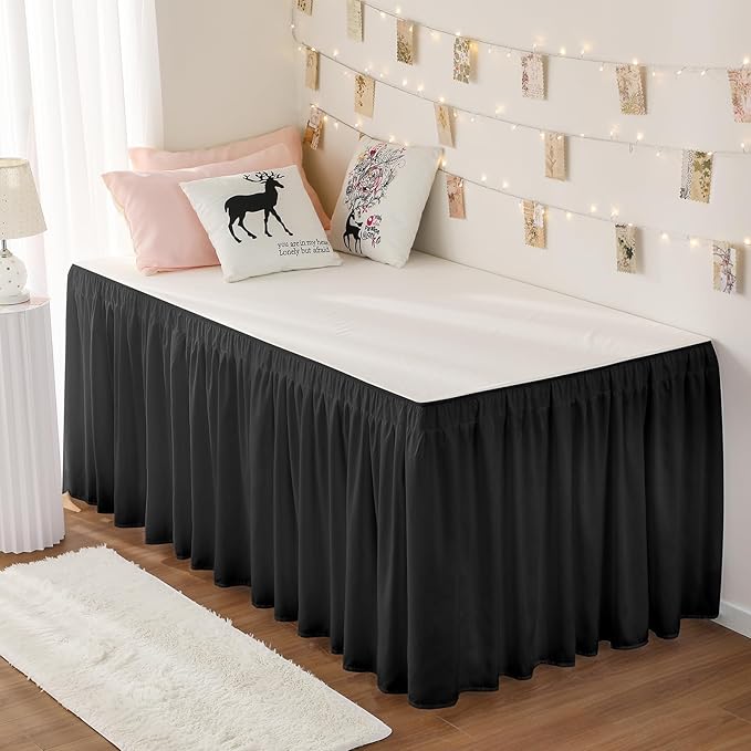 RIMELA Dorm Bed Skirt Twin XL 25 Inch Drop, Extra Long Wrap Around Elastic Bed Skirts Easy to Put On Twin Size Dust Ruffle, Black Bedskirt for Adjustable Bed Base Solid Silky Fabric Machine Washable