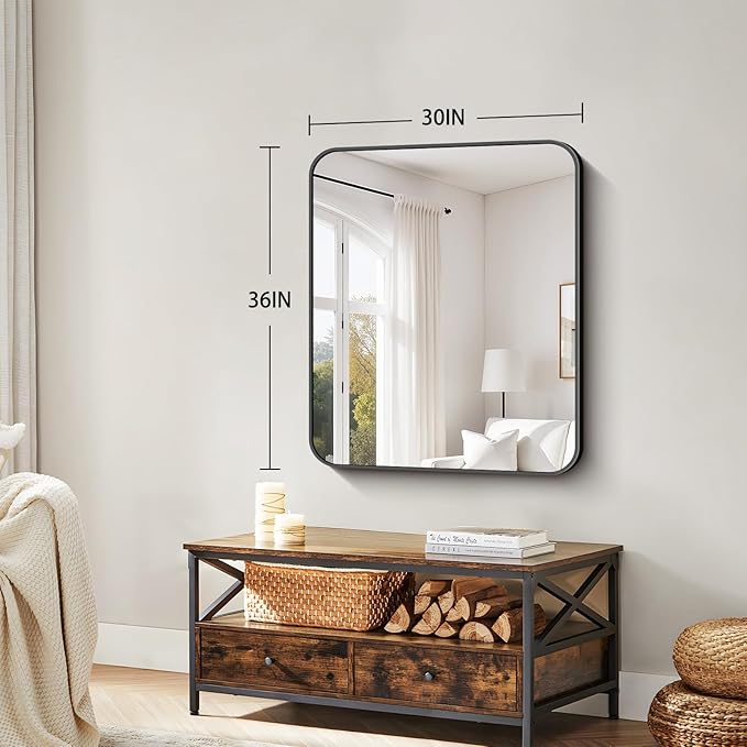 Koonmi Black Framed Bathroom Mirror - 30x36 Inch Shatterproof Tempered Glass Vanity Mirror for Bathroom Sink, Wall Mounted with Matte Aluminum Alloy Frame, No Distortion, Modern Decor