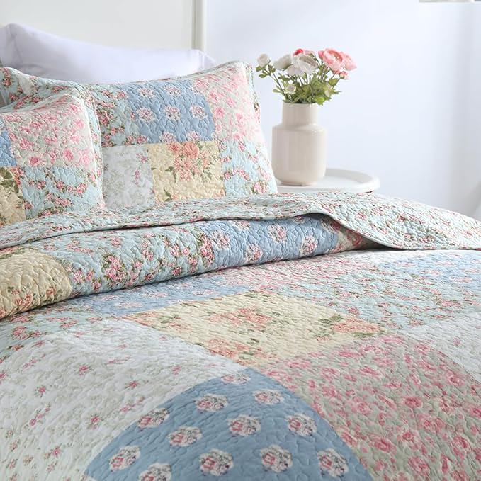 Cotton Bedspread Quilt Bedding Sets 3 Pieces Reversible Coverlet Sets Comforters Green Rose Floral Patchwork Bedspread, Queen Size