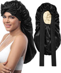 AWAYTR Long Satin Bonnet for Sleeping - Double Layer Reversible Silk Bonnet for Long Hair Women Sleeping Cap with Tie Band