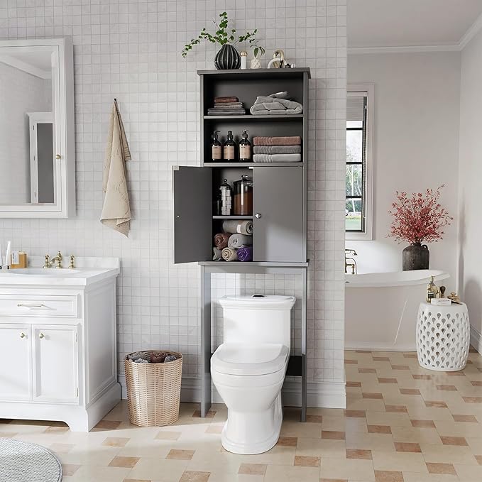 Meilocar Over The Toilet Storage Cabinet for Bathroom, 75in Over Toilet Cabinet Freestanding Storage Organizer, Space Saver with Doors and Adjustable Shelf, Grey