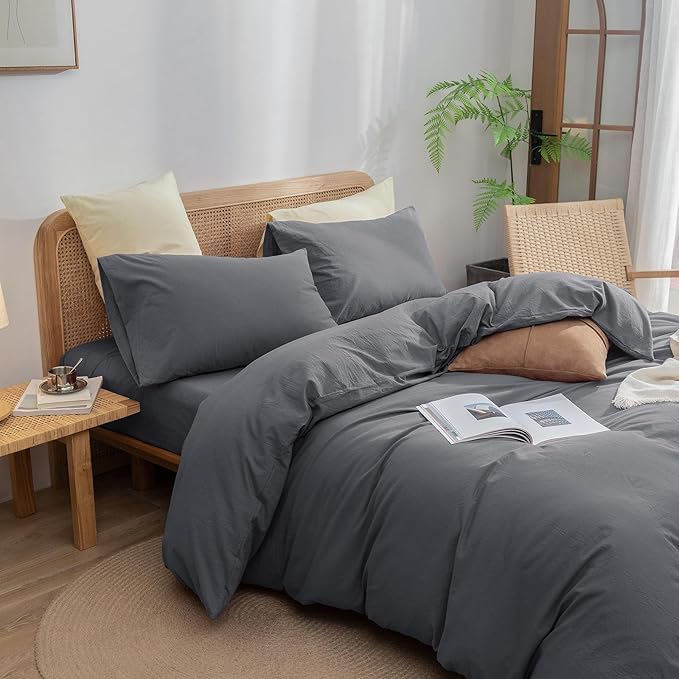 BESTOUCH Duvet Cover Set 100% Washed Cotton Linen Feel Super Soft Comfortable Chic Lightweight 3 PCs Home Bedding Set Solid Quiet Shade Grey Full/Double