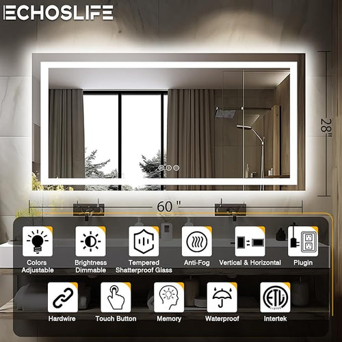 60"x28" LED Bathroom Mirror for Wall, Front and Backlit, Anti-Fog Vanity With Lights, Stepless Dimmable, 3 Colors Smart (Horizontal/Vertical)