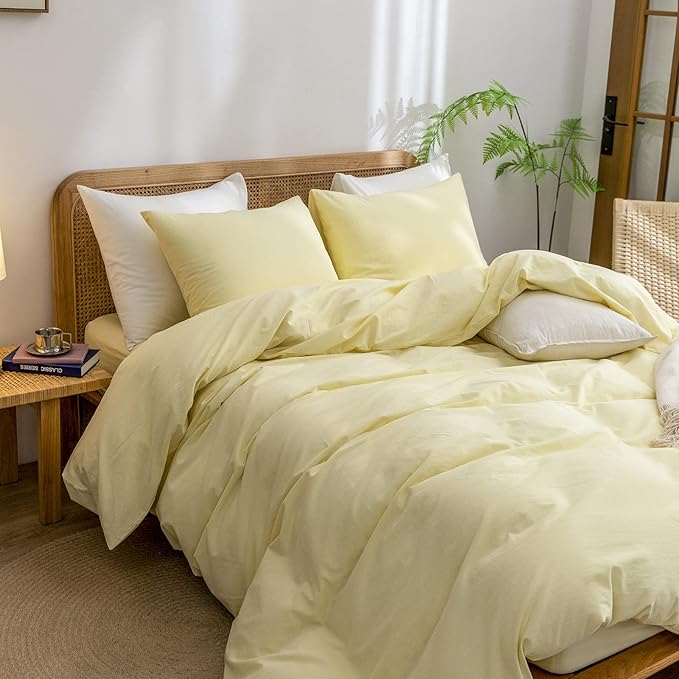 BESTOUCH Duvet Cover Set 100% Washed Cotton Linen Feel Super Soft Comfortable Chic Lightweight 3 PCs Home Bedding Set Solid Light Yellow Full/Double