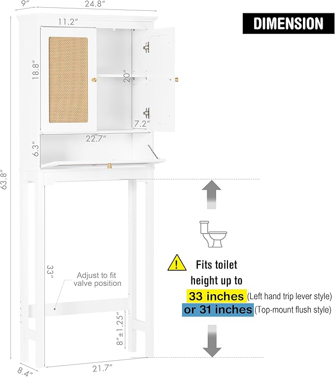 Spirich Over The Toilet Storage Cabinet with Rattan Doors, Over Toilet Bathroom Organizer with Tilt-Out Cube and Adjustable Shelf