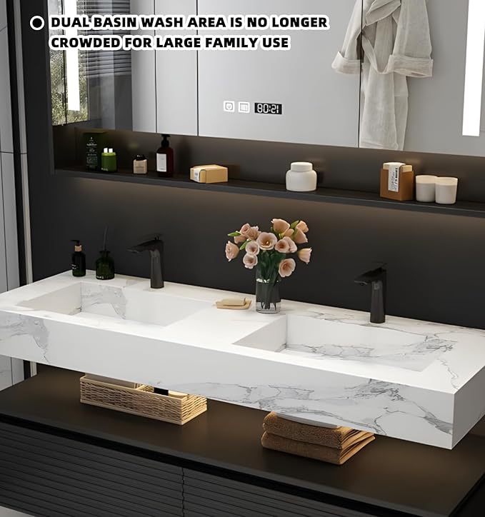 52IN Bathroom Vanity with Double Sink, Modern Bathroom Vanity with LED Smart Defogging Mirror Cabinet and Open Shelf, Floating Bathroom Cabinet with Striped Double Drawers, Oak Material (Black)