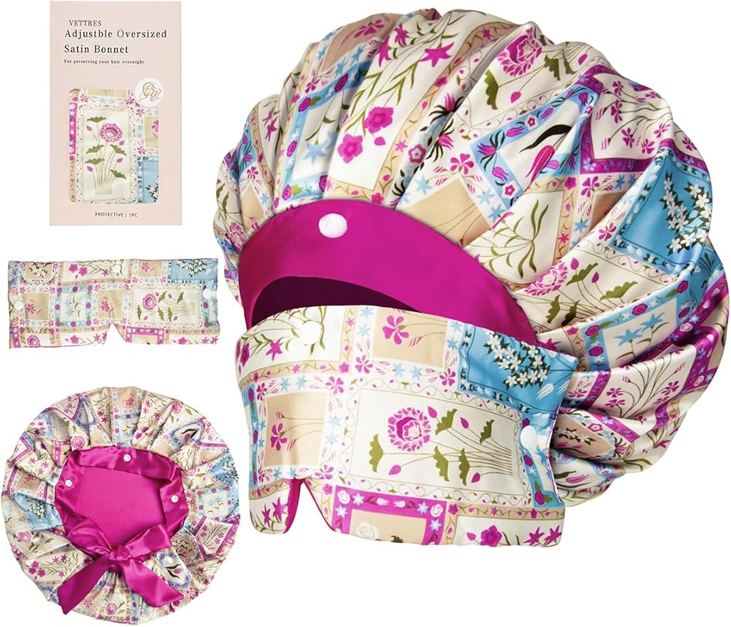 Pleated Silk Sleeping Bonnet with Eye Mask Double Layer Satin Hair Bonnets Sleep Cap for Curly Natural Hair