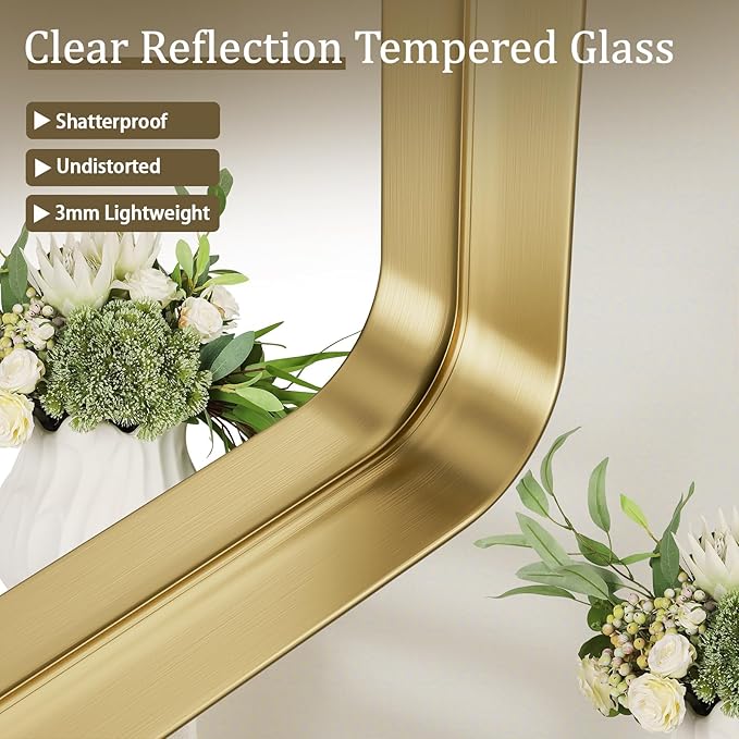 VooBang Bathroom Mirror 30x56 inch, Golg Gorgeous Deep Frame Wall Mirror with Shatterproof Tempered Glass, Modern Bathroom Vanity Mirror for Over Sink Hanging Horizontal or Vertical, Gold