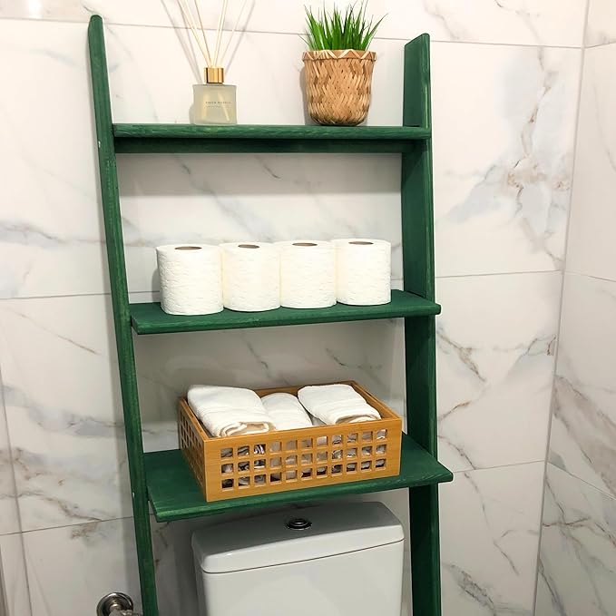 Over The Toilet Birch Wood Bathroom Organizer Shelves, 3-Tier Freestanding Above Toilet Storage Ladder Shelf, Standing Space Saver Behind Toilet Small Bathroom Organizer (Verde)