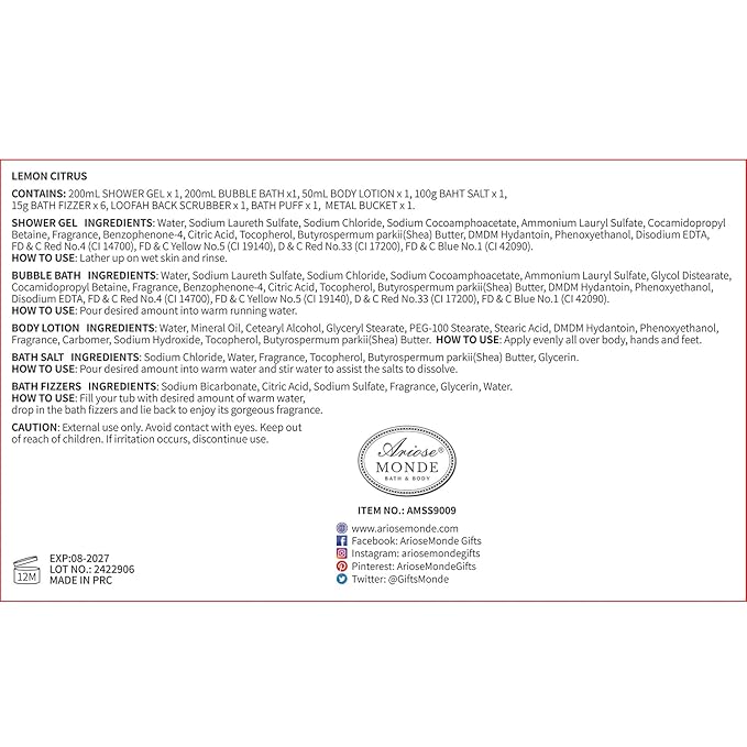 Bath Gift Set, Lemon Citrus Spa Gift Basket for Women, Includes Shower Gel, Bubble Bath, Body Lotion, Bath Frizzes 8 Pcs, Great Gift Idea for Her Birthday