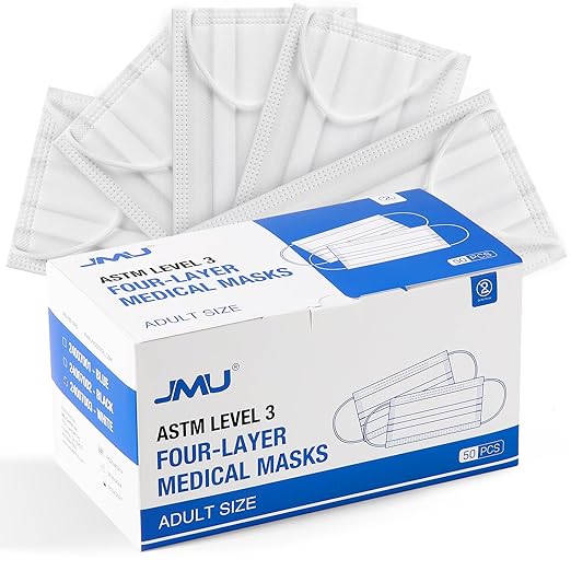 JMU 1000 Pcs Disposable Face Masks for Adults, 4-Ply ASTM Level 3 Medical Masks, White