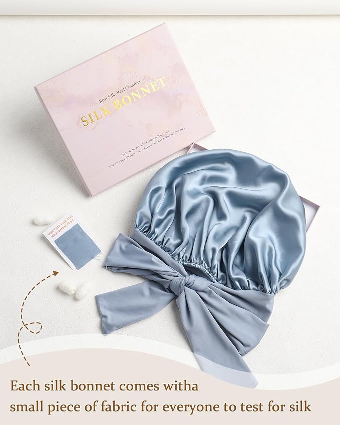AWAYTR Mulberry Silk Bonnet for Sleeping - Silk Sleep Bonnet with Tie Band for Curly Hair Men and Women (Haze Blue)