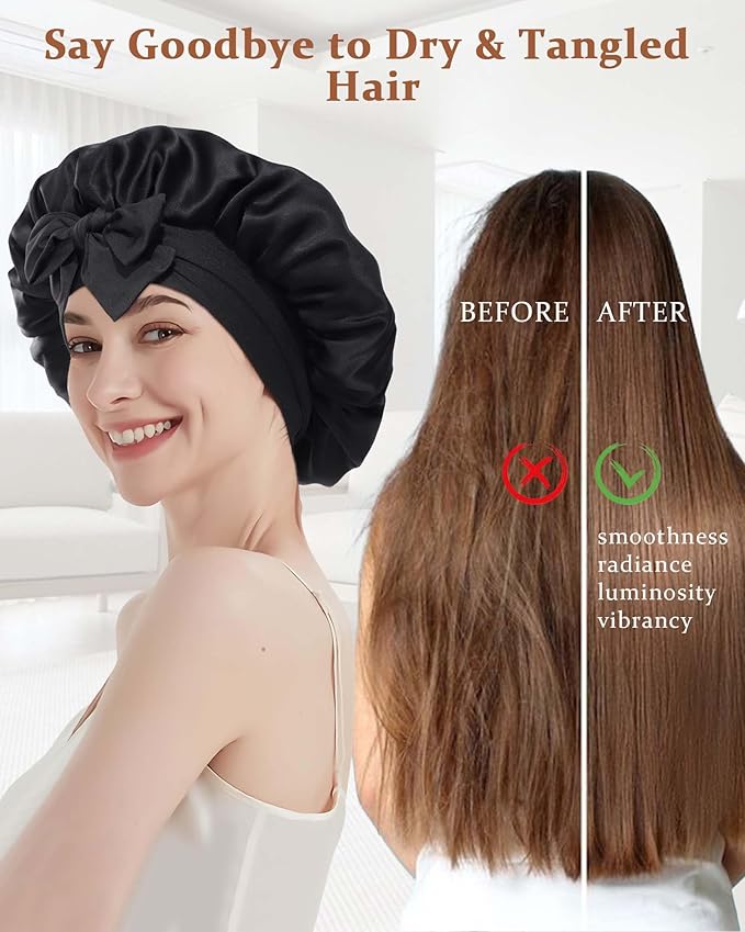 100% Mulberry Silk Bonnet for Sleeping Women Double Layer Silk Hair Bonnet Natural Silk Sleep Cap with Elastic Reversible Hair Wrap (Black+Green)