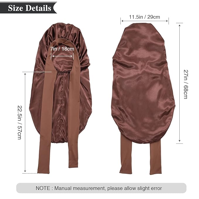 AWAYTR Long Satin Bonnet for Women - Double Layer Elastic Silk Bonnet for Braids Hair Sleeping Cap with Tie Band (Brown)