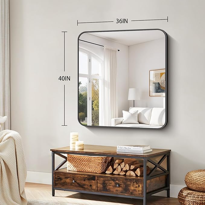 Koonmi Black Framed Bathroom Mirror - 36x40 Inch Shatterproof Tempered Glass Vanity Mirror for Bathroom Sink, Wall Mounted with Matte Aluminum Alloy Frame, No Distortion, Modern Decor
