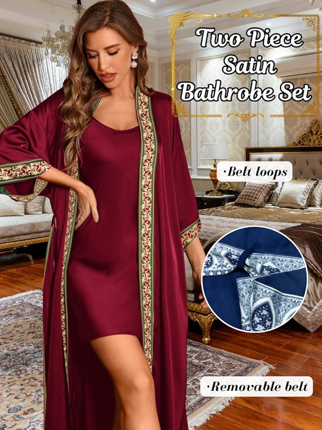 Satin Robe Sets For Women, 2-PC Lightweight Bathrobe, Silk Sleepwear Kimono Bridesmaid Sexy Robes