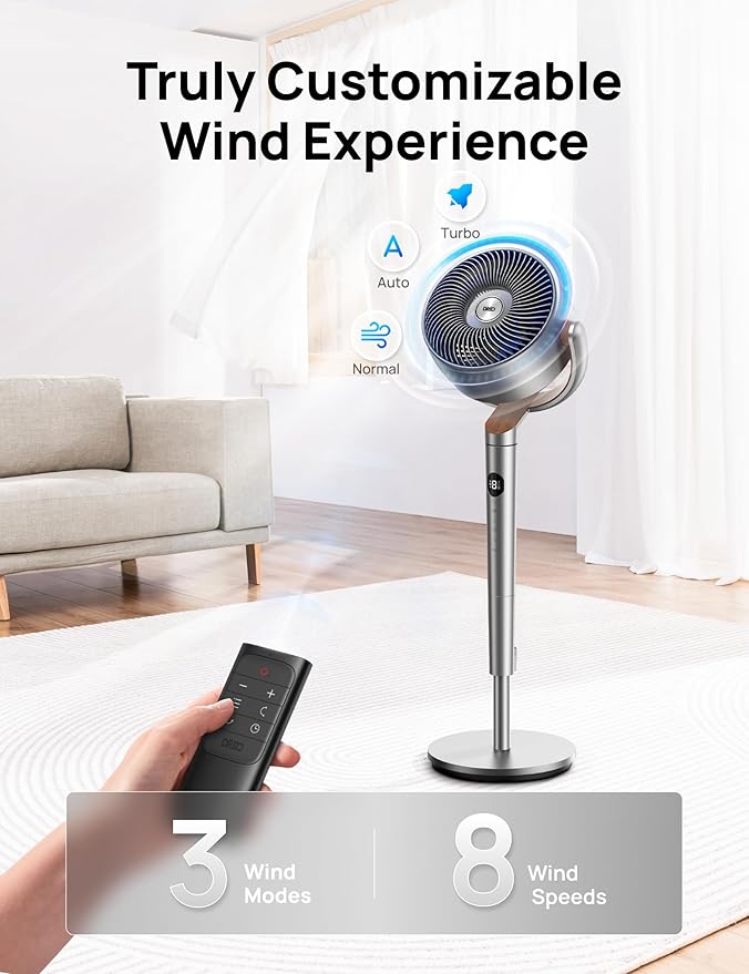 Dreo Fan for Bedroom, 120°+120°Omni-directional Oscillating Fan, DC Motor, 20 dB Quiet Standing Pedestal Fans, 90ft, 8 Speeds, 3 Modes Circulator with Remote, 35-40" Adjustable Height, 8H Timer