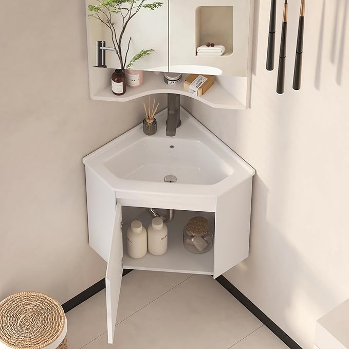 Corner Bathroom Vanity Sink Cabinet 24", Wall Mount Floating for Small Bathroom, White Ceramic Top (Faucet Not Included) (Flat Panel)