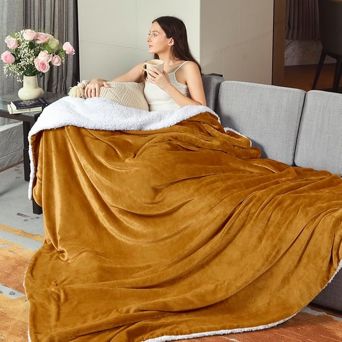 KAWAHOME Sherpa Fleece Queen Size Blanket for Bed - Extra Warm and Heavy Thick Blankets for Winter, Super Soft 500GSM Plush Blanket, 90"X 90" Ginger Yellow