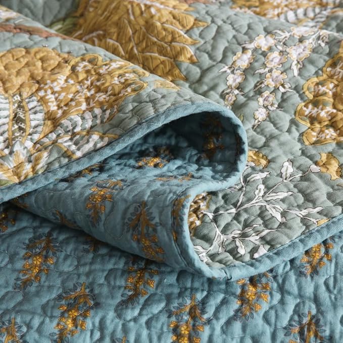 Cotton Bedspread Bedding Coverlet Quilt Sets, Reversible Vintage Branch Floral Bedspread comforters, (Rustic Sage Green Floral Pattern, King Size)
