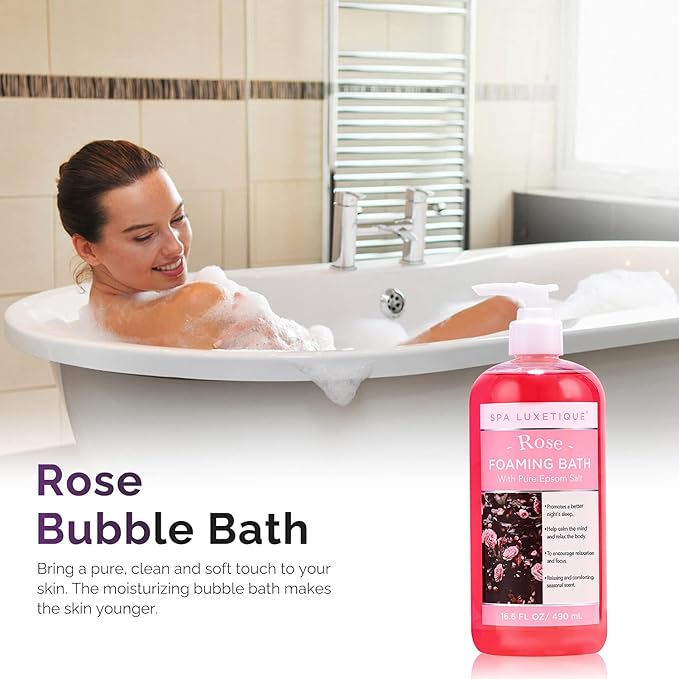 Spa Luxetique Bubble Bath, Foaming Bath with Epsom Salt, Chamomile Rose and Lavender Scent Bathing Set, 3 Pack 49.8 fl oz Christmas Gifts Set for Women and Men