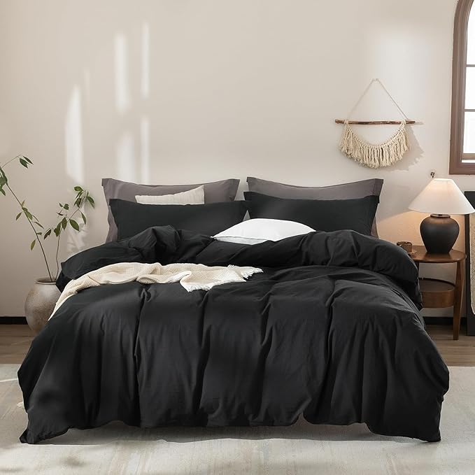 Black Duvet Cover Oversize Queen Size 100% Washed Cotton Bedding Set Cover 1 Duvet Cover with Zipper Closure and 2 Pillowcases, 98inch x 98inch