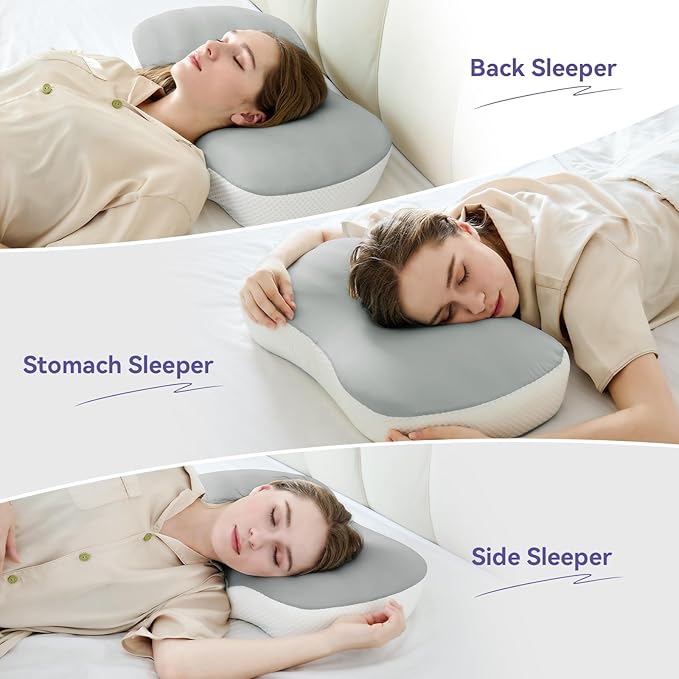 Cervical Neck Pillow for Pain Relief - Cooling Side Sleeper Pillow for Sleeping, Ergonomic Memory Foam Pillows for Neck Support, Contour Orthopedic Bed Pillow for Back Stomach Sleepers (Grey)