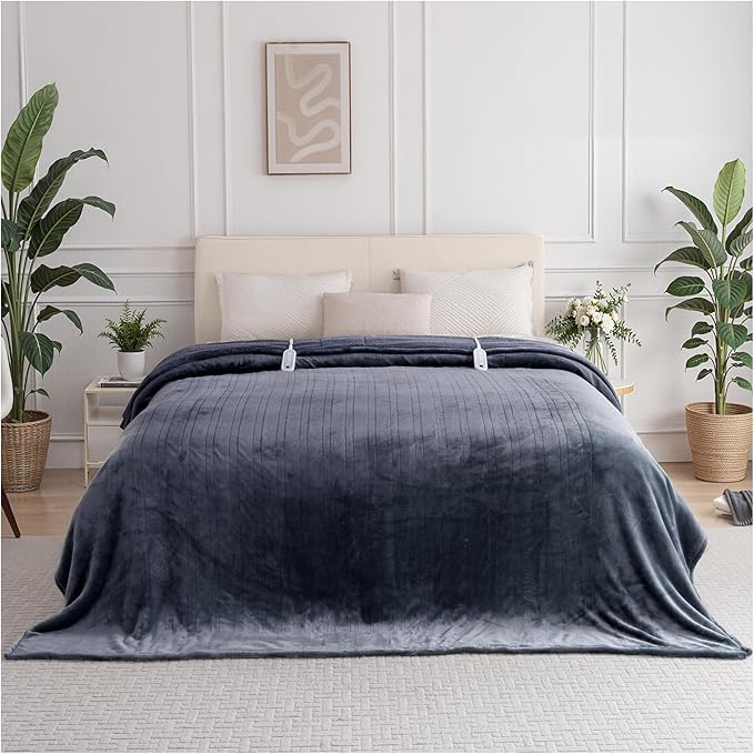 Heated Blanket King Size 100" x 90", Soft Flannel & Sherpa Electric Blanket King with 10 Hours Auto Off, 8 Heating Levels, Fast Heating Blanket for Full Body, Machine Washable, Grey