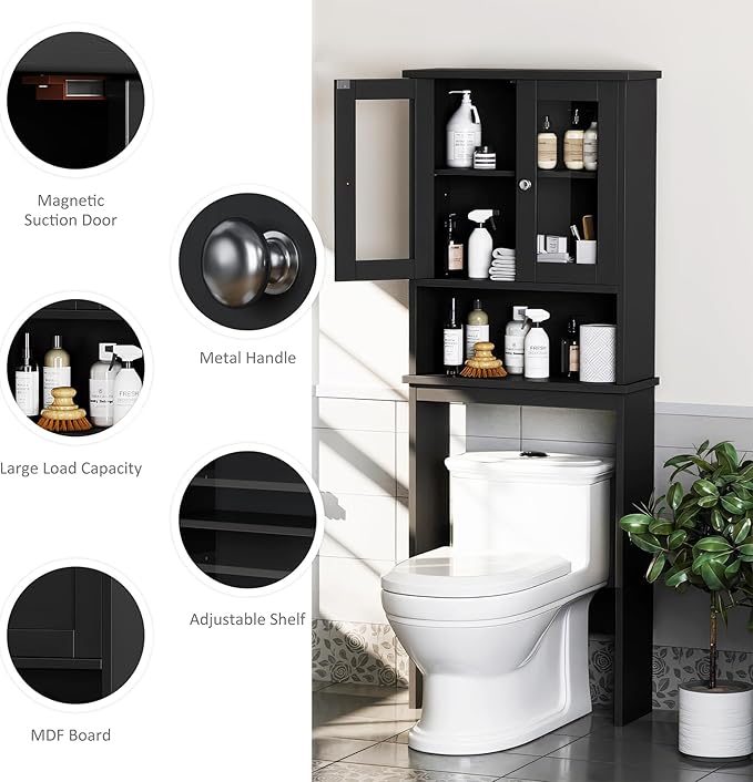 Meilocar Over The Toilet Storage Cabinet for Bathroom, Black Storage Organizer Over Toilet, Space Saver with 2 Tempered Glass Doors, Black