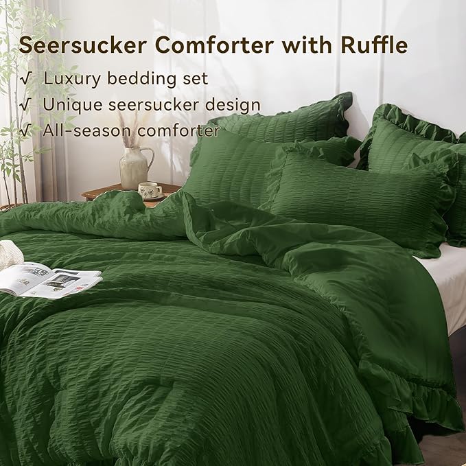 JOLLYVOGUE Dark Green Comforter Full Size, 3 Pieces Seersucker Lightweight Full Size Bedding, All Season Fluffy Microfiber Bedding Comforter Set with 1 Ruffle Comforter and 2 Ruffle Pillowshams