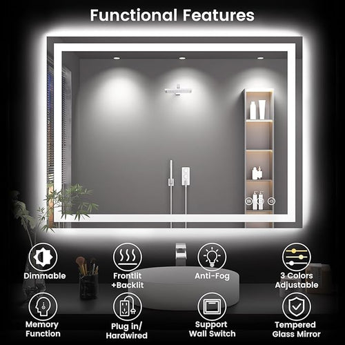 48X40 LED Bathroom Mirror with Lights, Anti-Fog, Backlit + Front Lit (CRI>90), Lighted Bathroom Vanity Mirror for Wall, Memory Function, Dimmable, Tempered Glass, Shatter-Proof, ETL Listed