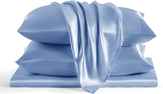 Bedsure Satin Sheets Full Size - 4 Piece Silky Bedsheets with 15 Inches Deep Pocket Fitted Bedsheet,1 Flat Sheet, 2 Satin Pillowcases, Good for Hair & Skin (Full, Sky Blue)