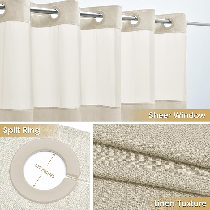 No Hooks Luxury Shower Curtain Set with Snap-in Liner, Polyester Textured with See-Through Top Window, Waterproof & Washable Hotel Style for Bathroom, 71W x 77H, Cream