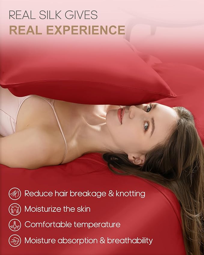 THXSILK 100% Pure Mulberry Silk Pillowcase for Hair and Skin, Upgraded Real 22 Momme Grade 6A+ Silk, Durable Soft Silk Pillow Case with Zipper(King Size 20"x36", Red)