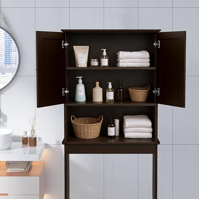 Over The Toilet Storage Cabinet, Behind Toilet Bathroom Organizer with Adjustable Shelves, Wooden Above Toilet Storage Shelf, Space Saver for Restroom, Bathroom, Laundry