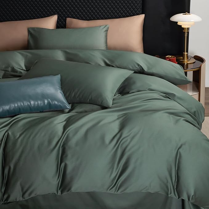 MooMee Duvet Cover Set 100% Extra Long Staple Cotton 600 Thread Count Silky Sateen Smooth Luxury Soft Breathable Durable Hotel Quality Bedding, 3 Pieces (Dark Green, King 104"x90")