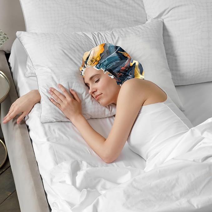 2 PCS Bonnets for Women Girls Satin Hair Bonnet Silk Adjustable Elastic Double Layer Hair Wrap Sleep Cap Comfort Cute-Sun Moon Sunset