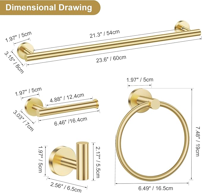 Lairuier Brushed Gold Bathroom Hardware Set, 10-Piece Towel Bar Set SUS304 Stainless Steel Bathroom Hardware Accessories Set Round Towel Holder Set Wall Mounted