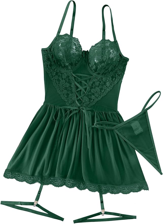 Lilosy Sexy Garter Belt Mesh Lace Babydoll Lingerie Dress Set with Thong