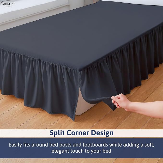 KRISHNA Ruffled Bed Skirt with Split Corners King, 100% Microfiber Hotel Quality, 14 Inch Drop Dust Ruffle Gathered Bedskirt with Platform, 78" x 80", Dark Grey