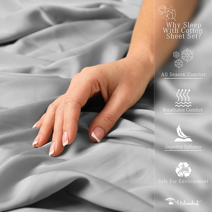 URBANHUT 700 Thread Count Egyptian Cotton Sheets Twin Size, 4Pc Sheet Set Soft Luxury Bed Sheets for Twin Size Bed, Sateen Weave Hotel Sheets, 14'' Elasticized Deep Pocket - Silver Grey