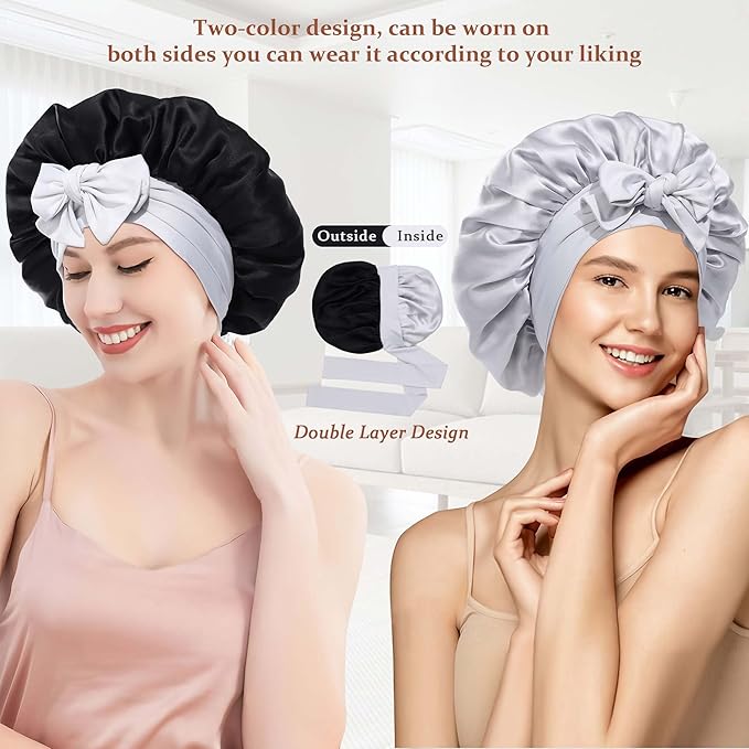 100% Mulberry Silk Bonnet for Sleeping Women Double Layer Silk Hair Bonnet Natural Silk Sleep Cap with Elastic Reversible Hair Wrap (Black+Silver Gray)