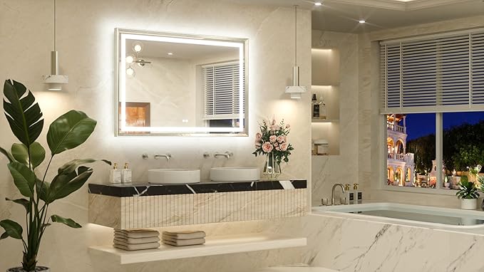 TETOTE 48 x 32 Bathroom LED Mirror Brushed Bright Nickel Metal Frame Frontlit & Backlit Vanity Mirror Stepless Dimmable Anti-Fog 3 Colors White/Warm/Natural Light up Vanity Mirror Wall-Mounted