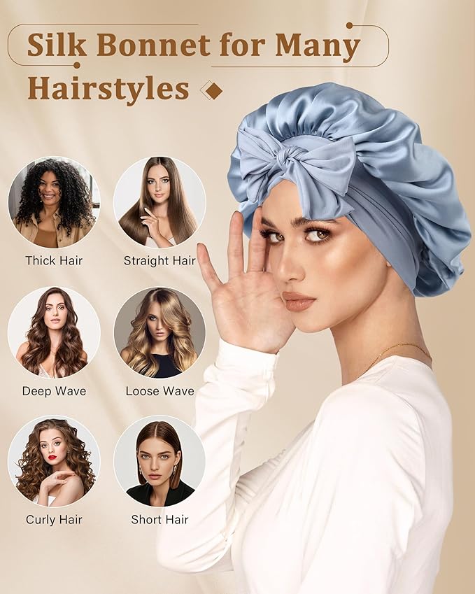 AWAYTR Mulberry Silk Bonnet for Sleeping - Silk Sleep Bonnet with Tie Band for Curly Hair Men and Women (Haze Blue)