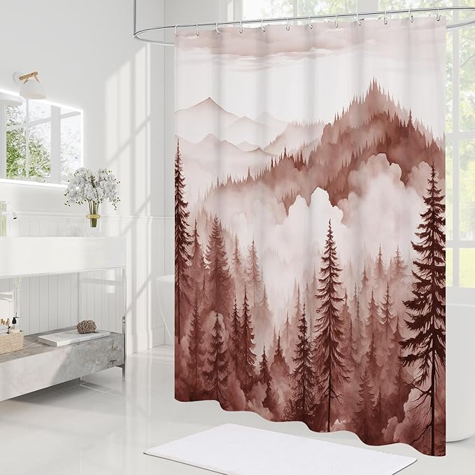 Burgundy Extra Long Misty Pine Forest Shower Curtain 72 x 84, XL Mountain Foggy Woodland Scenery Tree Shower Curtains for Bathroom, Abstract Waterproof Nature-Themed Decor