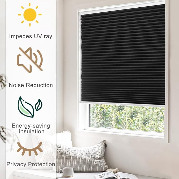 MYshade 1.5-Inch Cellular Cordless Blackout Shades,Thermal Insulating Noise Reducing Waterproof Blinds,Honeycomb Window Treatments for Indoor Light Control (Black-32 W x 72" H)