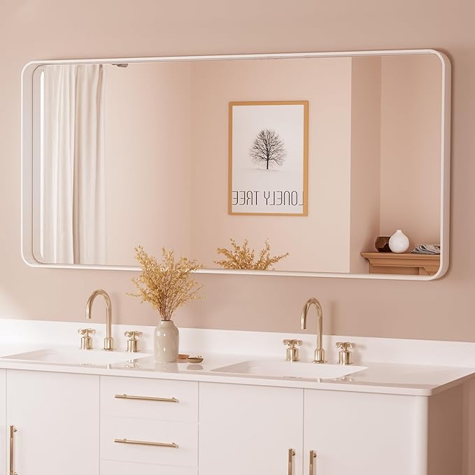 TETOTE 60 x 28 Inch White Framed Bathroom Mirror, Modern Metal Frame Rectangle Modern Farmhouse Wall Mounted Vanity Mirror with Sandy Textured Surface(Horizontal/Vertical)
