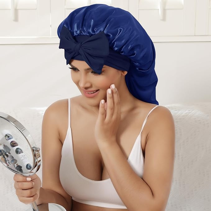AWAYTR Long Satin Bonnet for Women - Double Layer Elastic Silk Bonnet for Braids Hair Sleeping Cap with Tie Band (Navy Blue)