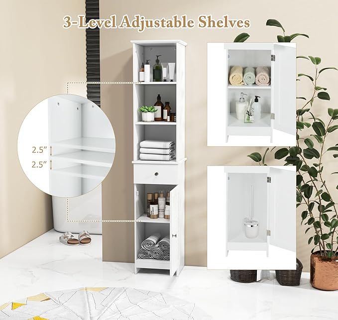 Giantex 64.5” Tall Bathroom Cabinet, Narrow Floor Storage Cabinet with Adjustable Shelves, 1 Door & 1 Drawer, Anti-Toppling Design, Modern Storage Organizer for Bathroom, Living Room, Hallway