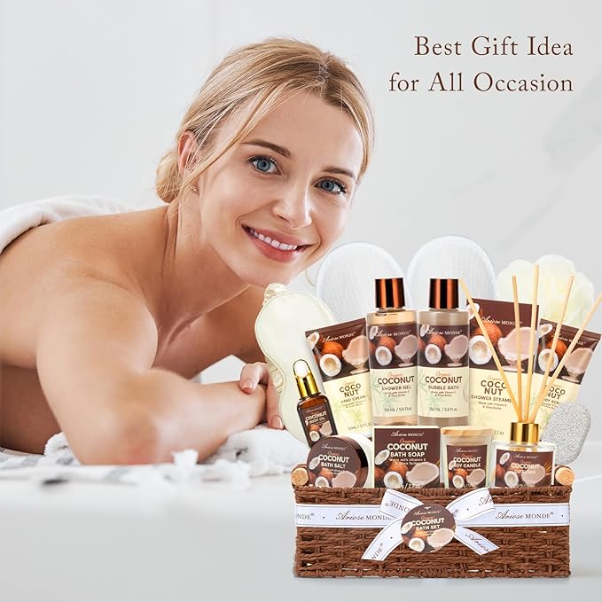 Spa Gift Basket for Women, Coconut Luxury Gift Set with Shower Gel, Bubble Bath, Hand Cream, Bath Soap, Bath Salt, Essential Oil, Luxury Bath and Body Gift Kit for Christmas